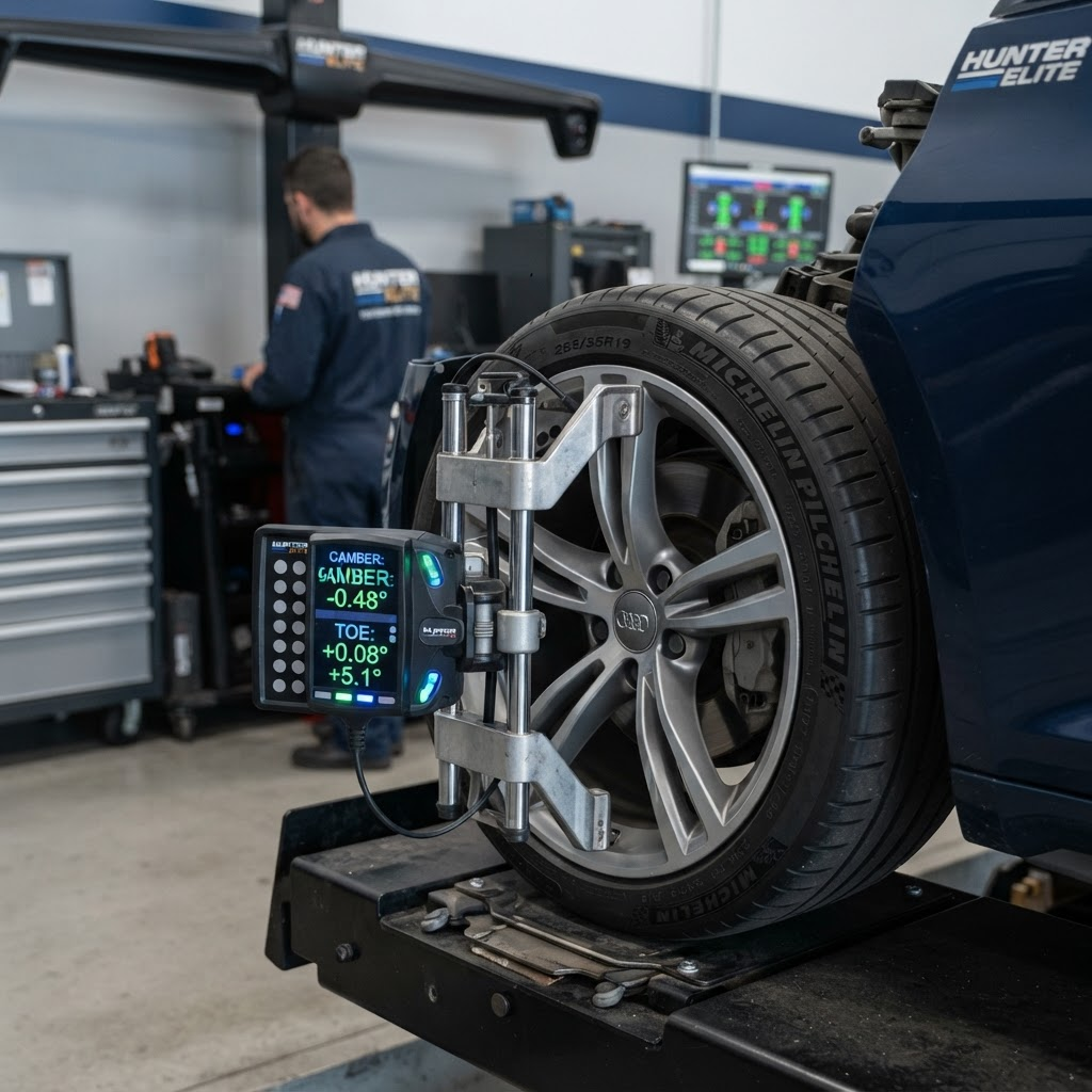 Computerised wheel alignment machine fitted to a car wheel